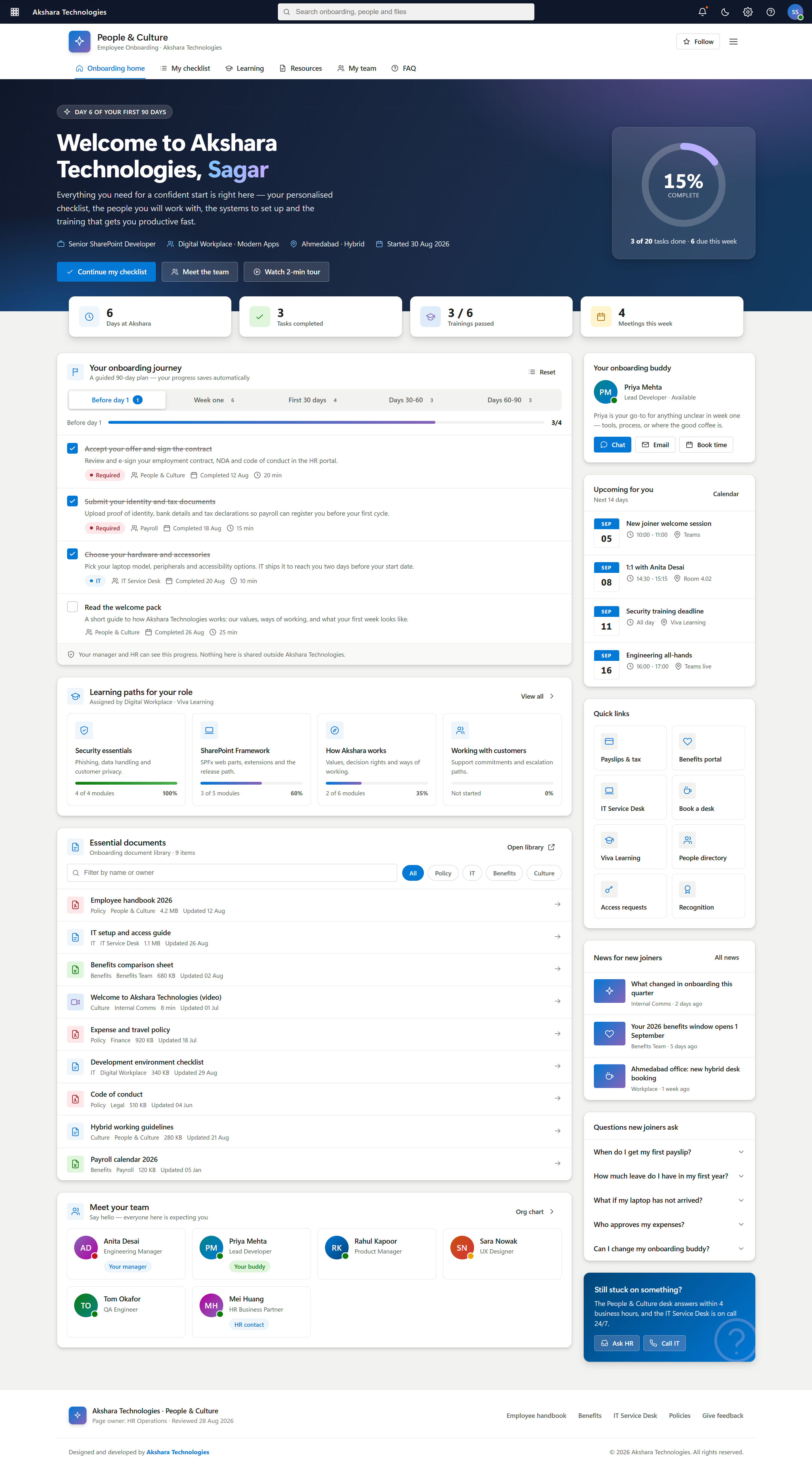 Personalised employee onboarding portal on SharePoint showing 90-day journey, learning paths, and onboarding buddy